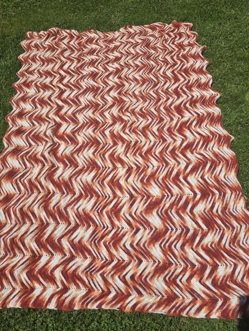 Vtg Handmade Afghan Crochet Earth Colors Zig Zag Chevron Blanket Throw 54x82